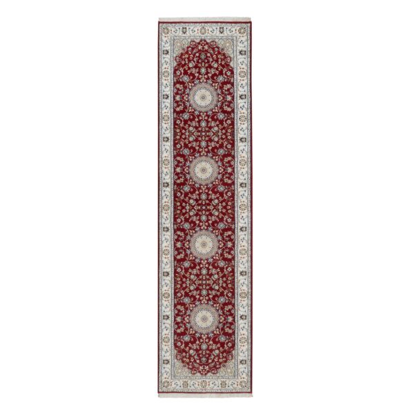 2'7"x10'3" Rhubarb Red, Hand Knotted, Nain with Flower Medallion Design, Wool and Silk, 250 KPSI, Soft Pile, Runner, Oriental Rug HR91642