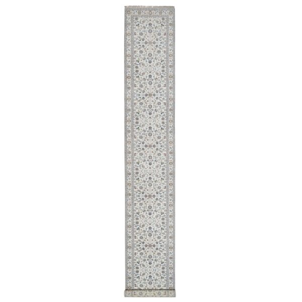 2'9"x18' Pristine White, Nain with All Over Flower Pattern, Wool and Silk, Hand Knotted, Soft Pile, 250 KPSI, XL Runner, Oriental Rug HR91648