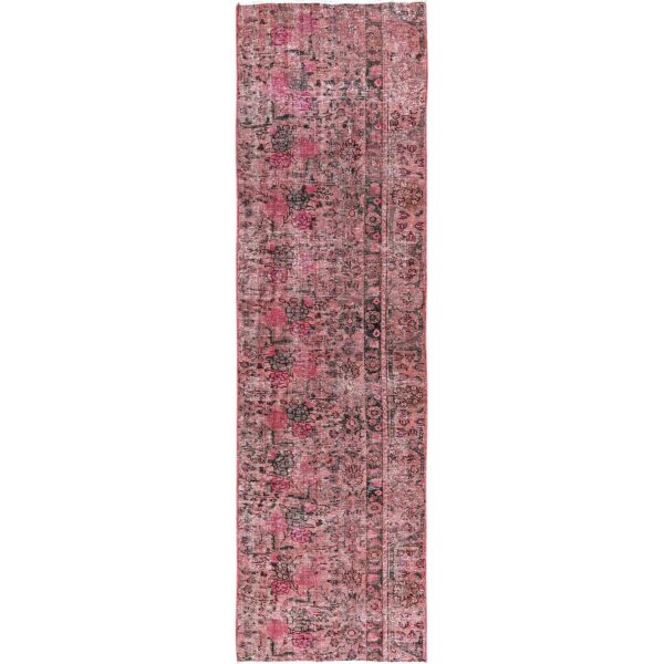 2'6"x9'3" Rose Pink, Overdyed Vintage Persian Tabriz, Sheared Low, Zero Pile, Distressed and Worn, Sides and Ends Professionally Secured, Hand Knotted, Pure Wool, Fragment Runner, Oriental Rug HR989