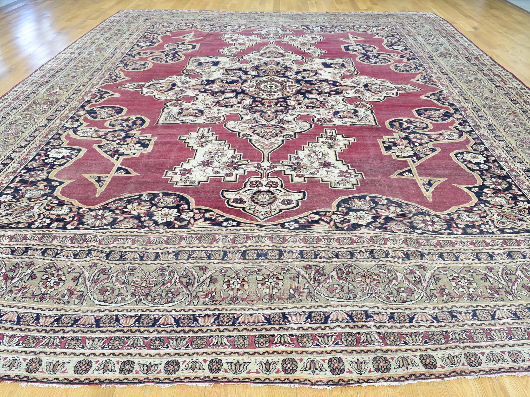 11'9"x15'7" Burgundy Red Antique Persian Lavar Kerman Good Condition Hand Knotted Pure Wool Oversized Oriental Rug HR32136 - Image 2