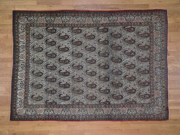 6'3"x8'9" Ivory Antique Persian Qum Good Condition Paisley Design Hand-Knotted Fine Oriental Rug HR44939