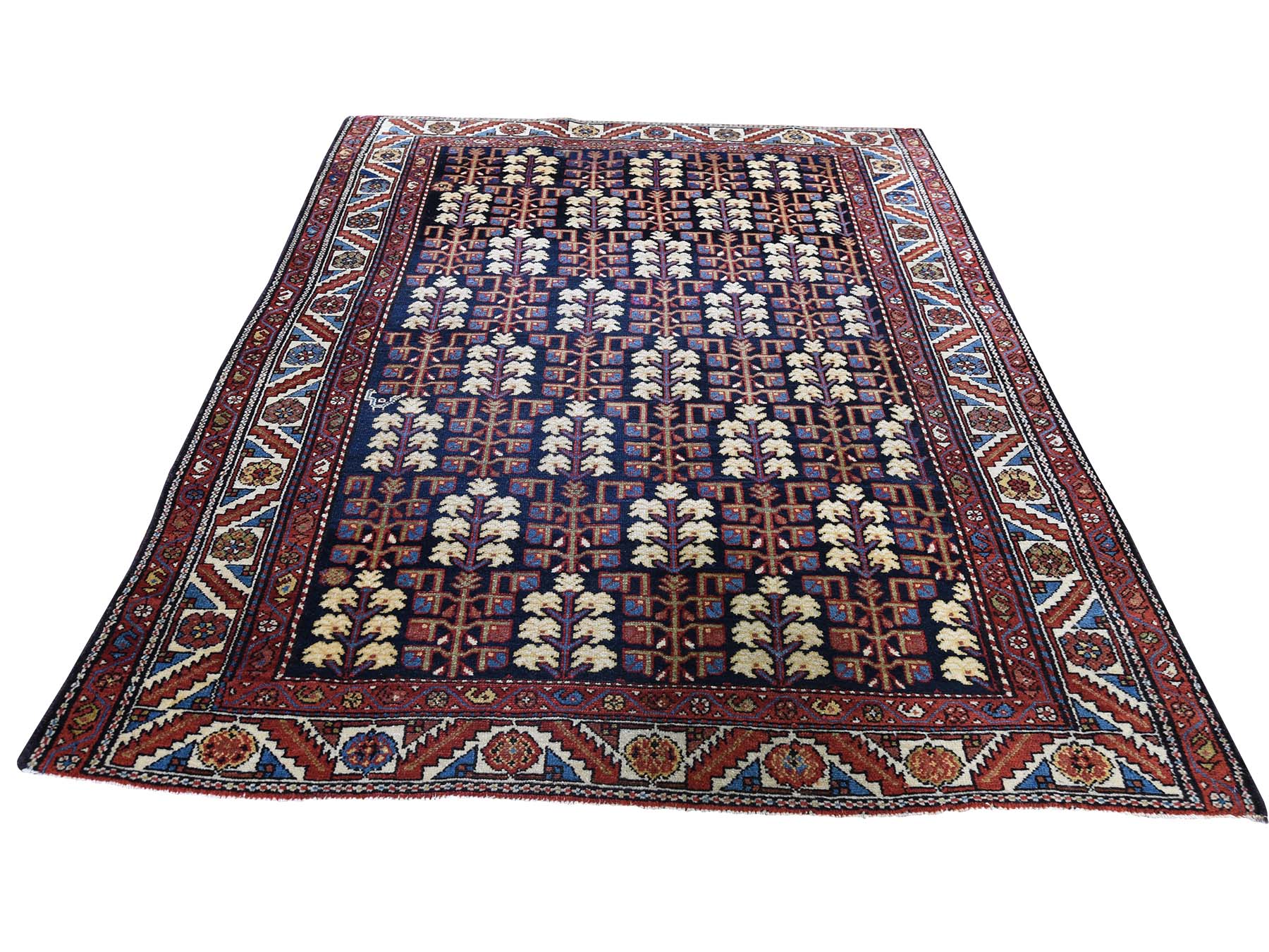 4'4"X5'9" Navy Blue Antique Persian Heriz With Tree Design Pure Wool Hand-Knotted Oriental Rug HR45938