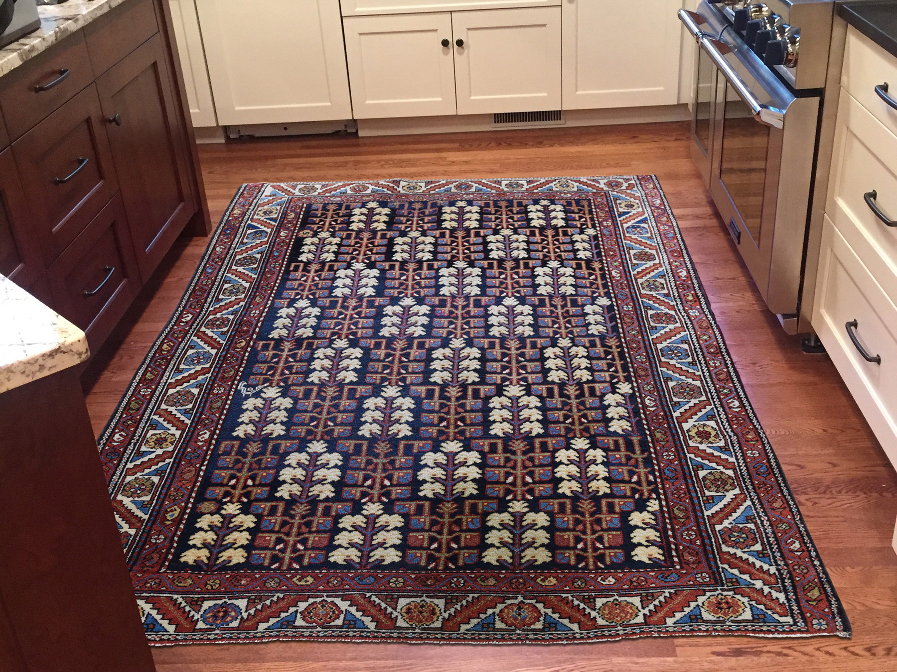 4'4"X5'9" Navy Blue Antique Persian Heriz With Tree Design Pure Wool Hand-Knotted Oriental Rug HR45938 - Image 2
