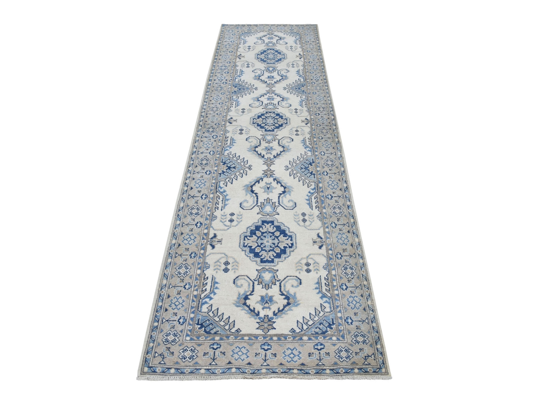 2'9"x10'7" Vintage Look Kazak Geometric Design Ivory Runner Pure Wool Hand Knotted Oriental Rug HR51917