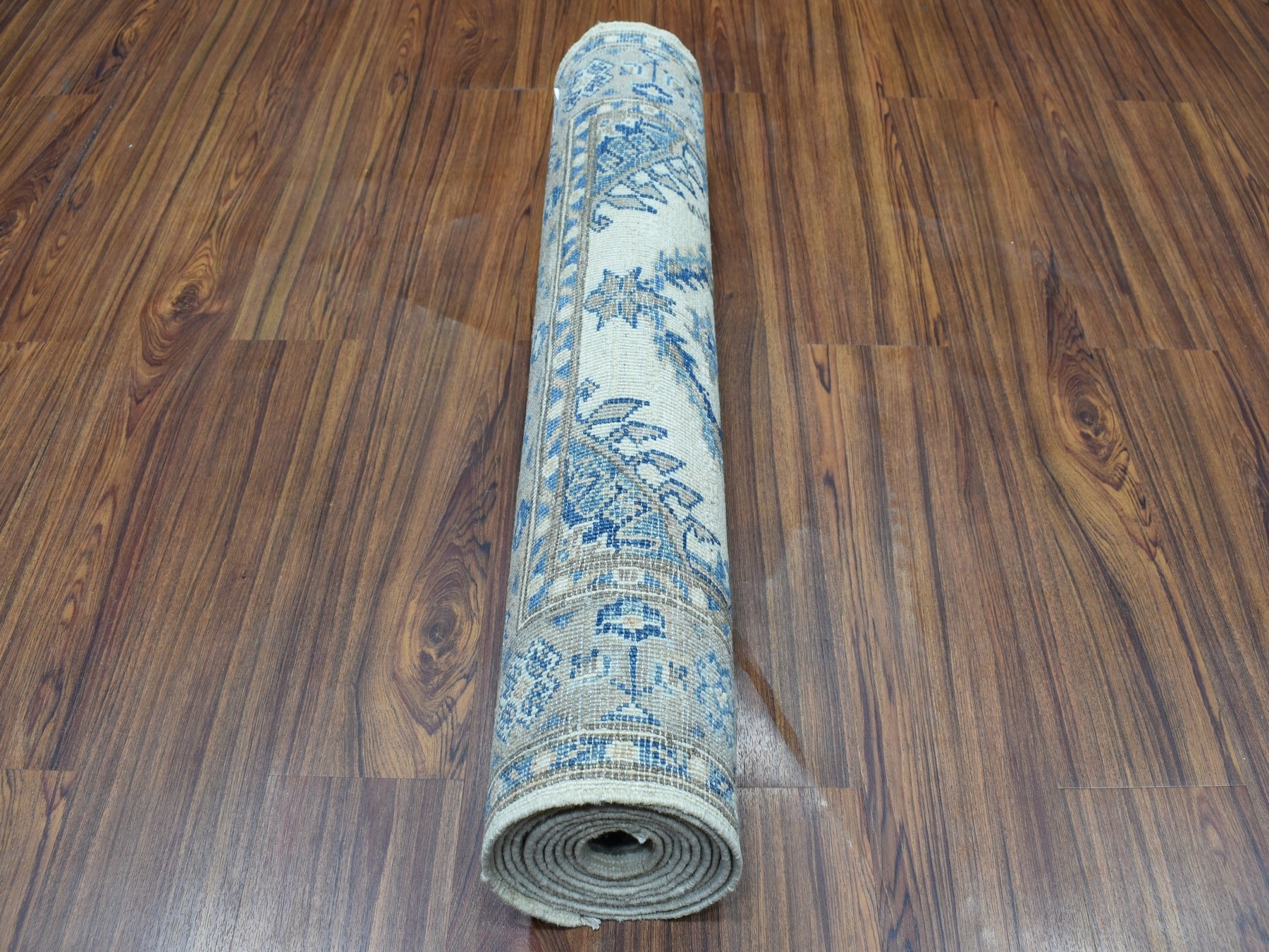 2'9"x10'7" Vintage Look Kazak Geometric Design Ivory Runner Pure Wool Hand Knotted Oriental Rug HR51917 - Image 4