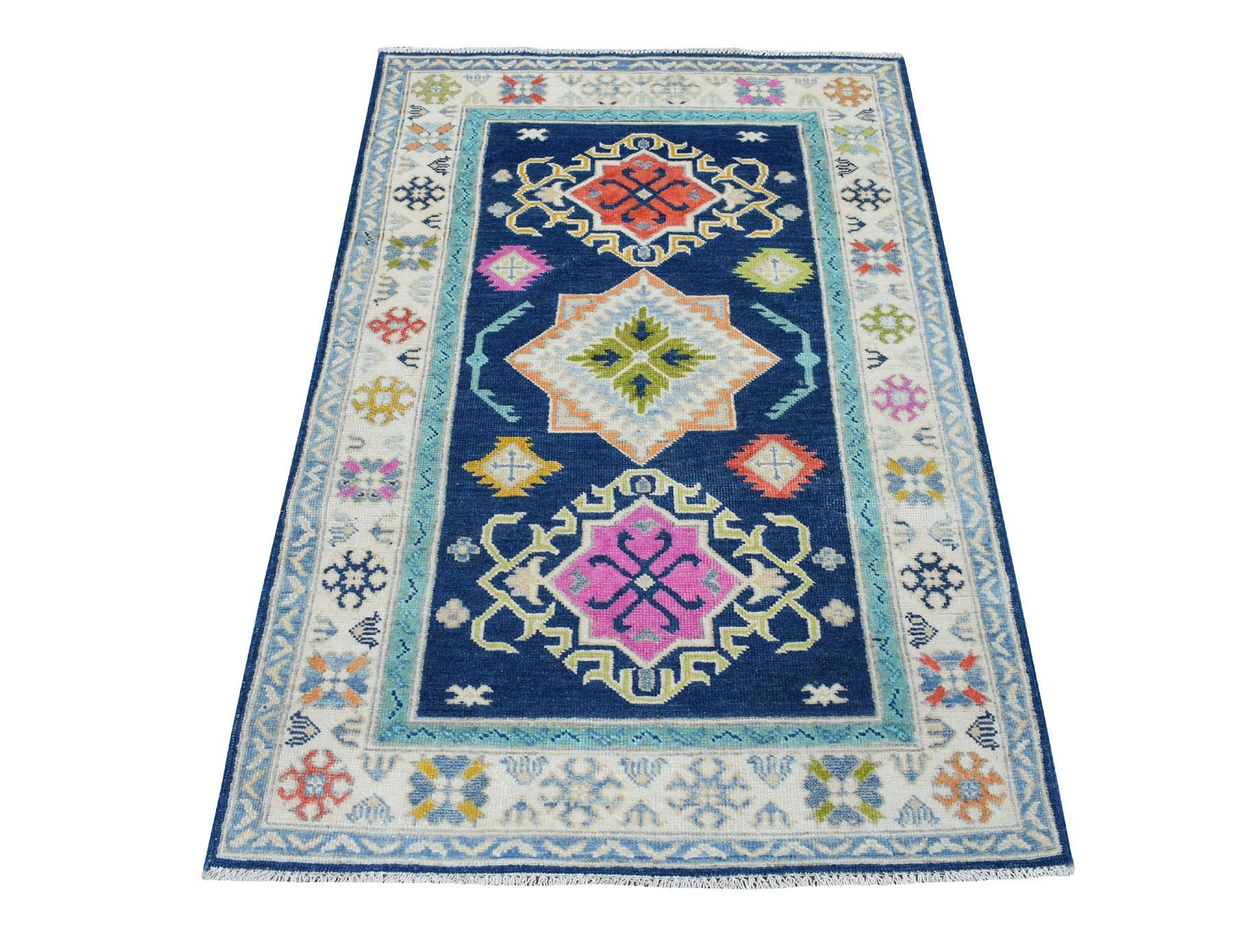 3'1"x5' Colorful Navy Blue Fusion Kazak Pure Wool Hand Knotted Oriental Rug HR53539