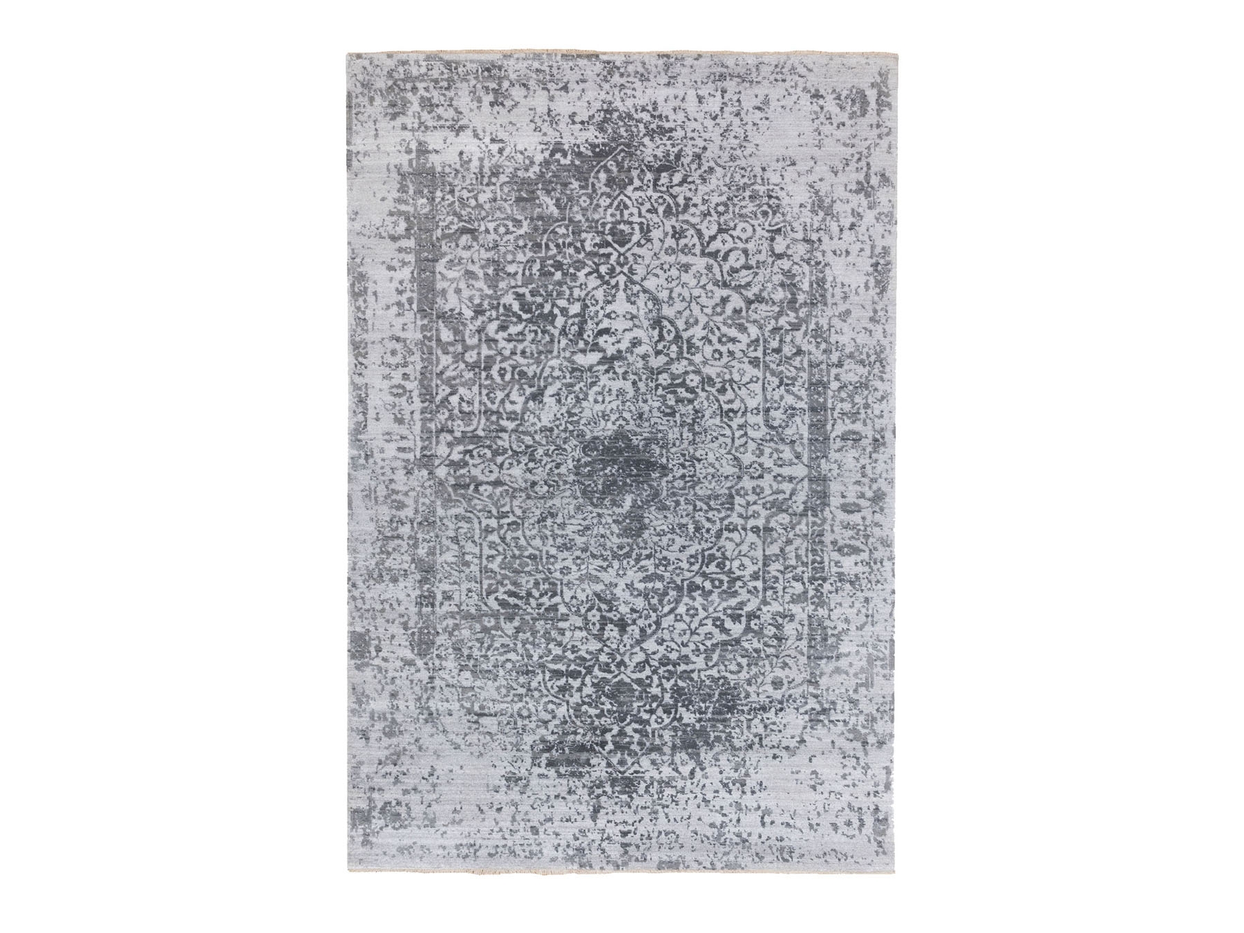 6'1"x9'2" Grey Broken Persian Design Wool And Pure Silk Hand Knotted Oriental Rug HR62094