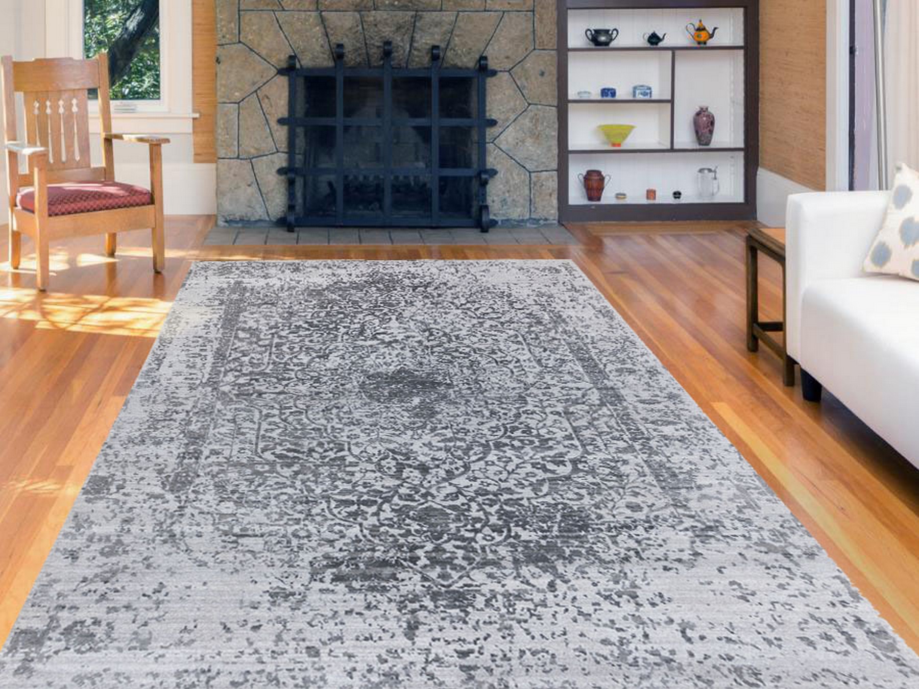 6'1"x9'2" Grey Broken Persian Design Wool And Pure Silk Hand Knotted Oriental Rug HR62094 - Image 2