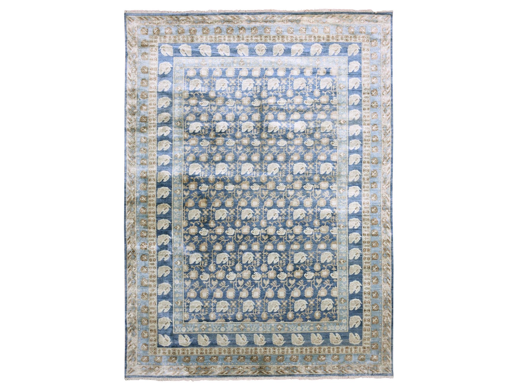 8'9"x12' Yale Blue, Hand Knotted 100% Pure Real Silk, Khotan Repetitive Flower and Branch Design with Multiple Borders, Oriental Rug HR75242