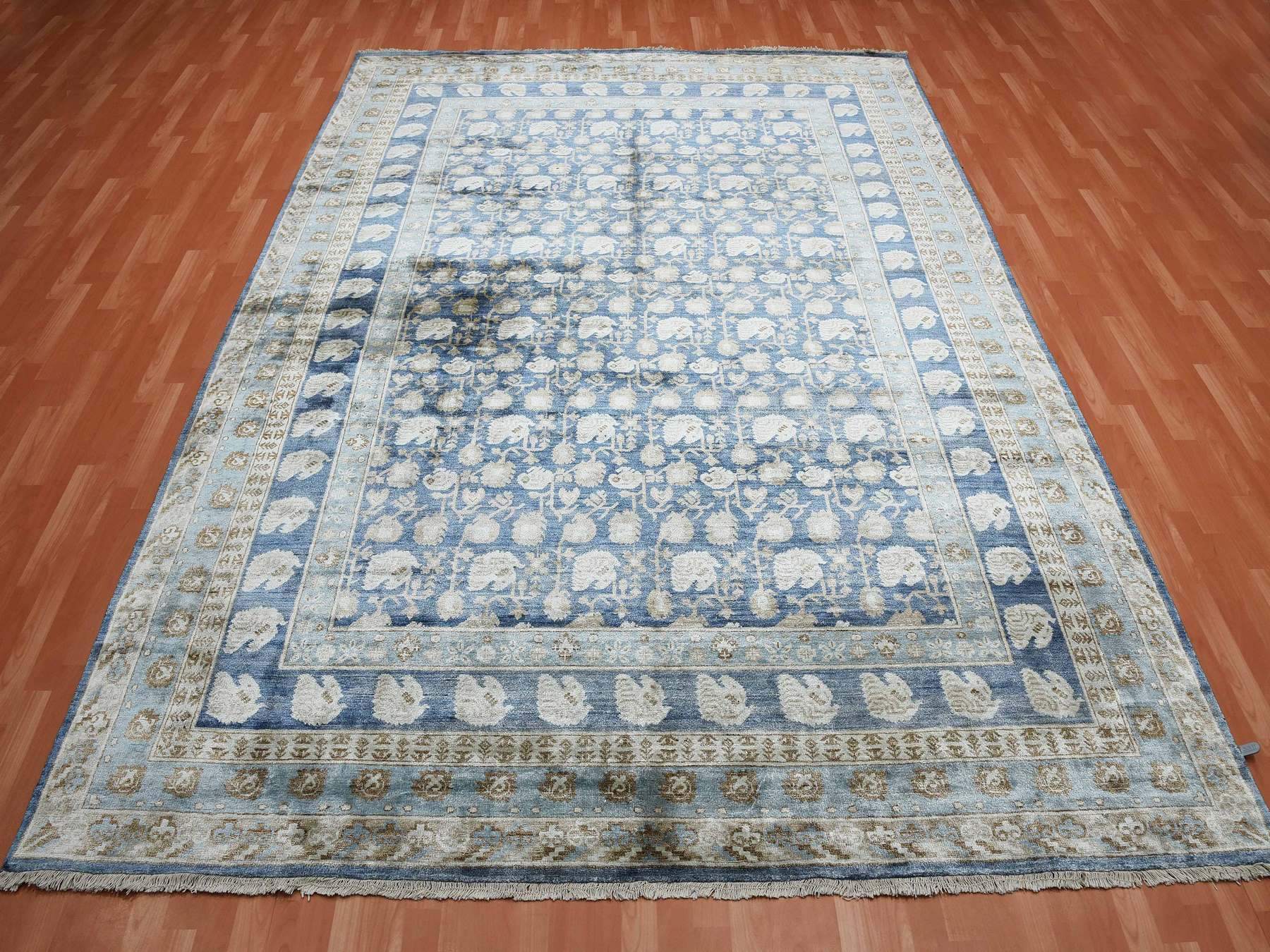 8'9"x12' Yale Blue, Hand Knotted 100% Pure Real Silk, Khotan Repetitive Flower and Branch Design with Multiple Borders, Oriental Rug HR75242 - Image 2