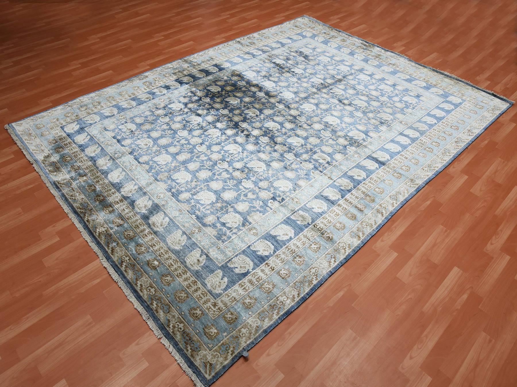 8'9"x12' Yale Blue, Hand Knotted 100% Pure Real Silk, Khotan Repetitive Flower and Branch Design with Multiple Borders, Oriental Rug HR75242 - Image 3