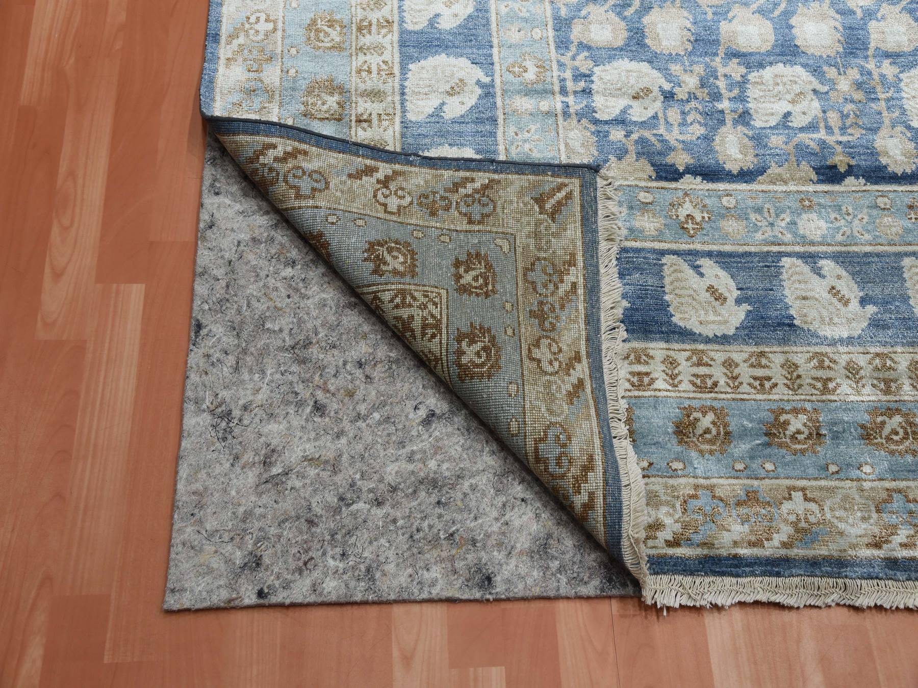 8'9"x12' Yale Blue, Hand Knotted 100% Pure Real Silk, Khotan Repetitive Flower and Branch Design with Multiple Borders, Oriental Rug HR75242 - Image 4
