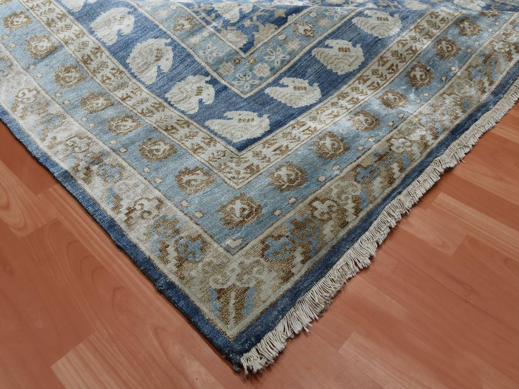 8'9"x12' Yale Blue, Hand Knotted 100% Pure Real Silk, Khotan Repetitive Flower and Branch Design with Multiple Borders, Oriental Rug HR75242 - Image 6