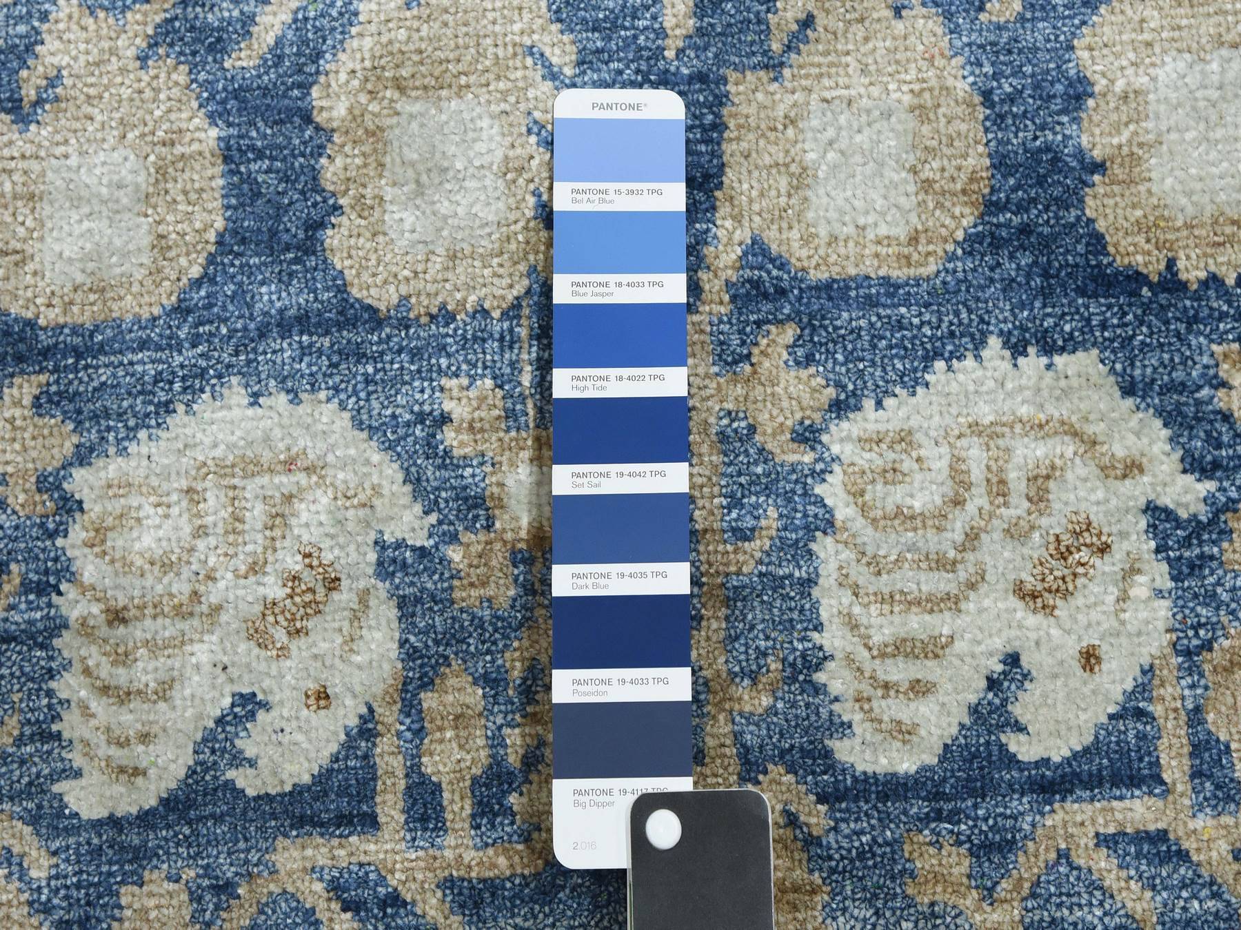 8'9"x12' Yale Blue, Hand Knotted 100% Pure Real Silk, Khotan Repetitive Flower and Branch Design with Multiple Borders, Oriental Rug HR75242 - Image 7
