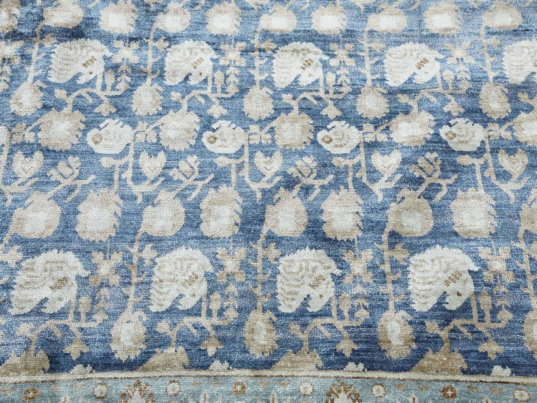 8'9"x12' Yale Blue, Hand Knotted 100% Pure Real Silk, Khotan Repetitive Flower and Branch Design with Multiple Borders, Oriental Rug HR75242 - Image 8