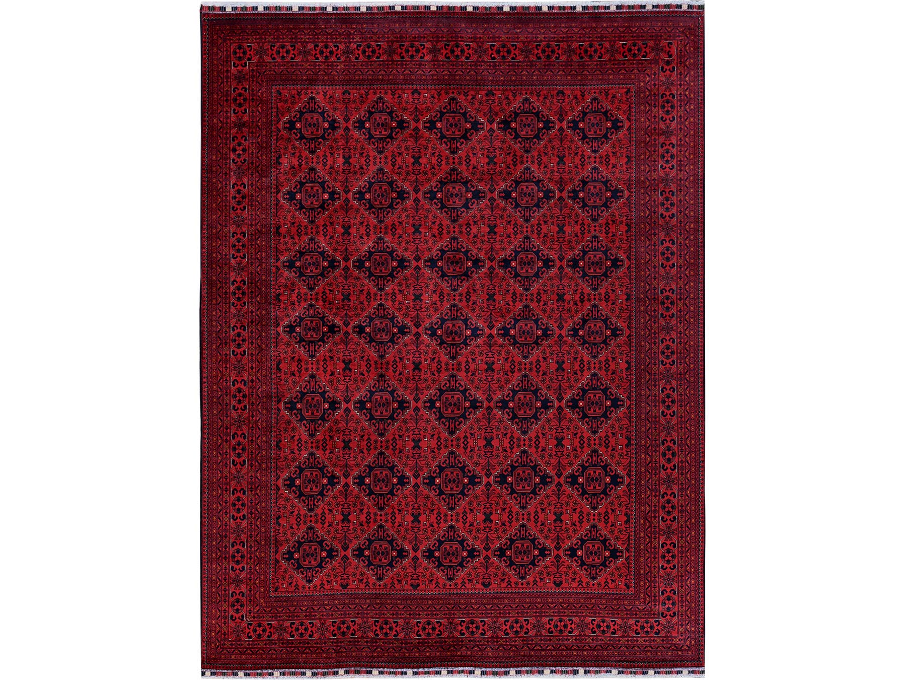 9'9"x12'8" Crimson Red, Afghan Khamyab with Geometric Pattern, Hand Knotted, Soft and Velvety Wool, Vegetable Dyes, Oriental Rug HR774