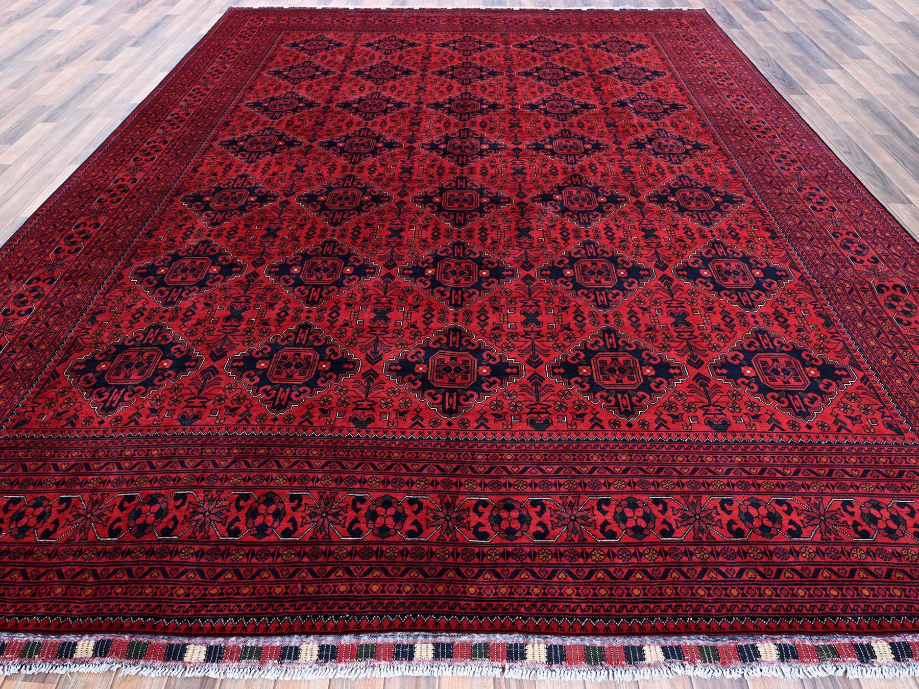 9'9"x12'8" Crimson Red, Afghan Khamyab with Geometric Pattern, Hand Knotted, Soft and Velvety Wool, Vegetable Dyes, Oriental Rug HR774 - Image 3