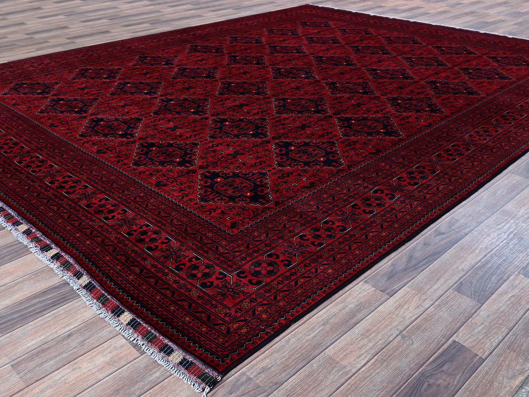 9'9"x12'8" Crimson Red, Afghan Khamyab with Geometric Pattern, Hand Knotted, Soft and Velvety Wool, Vegetable Dyes, Oriental Rug HR774 - Image 4