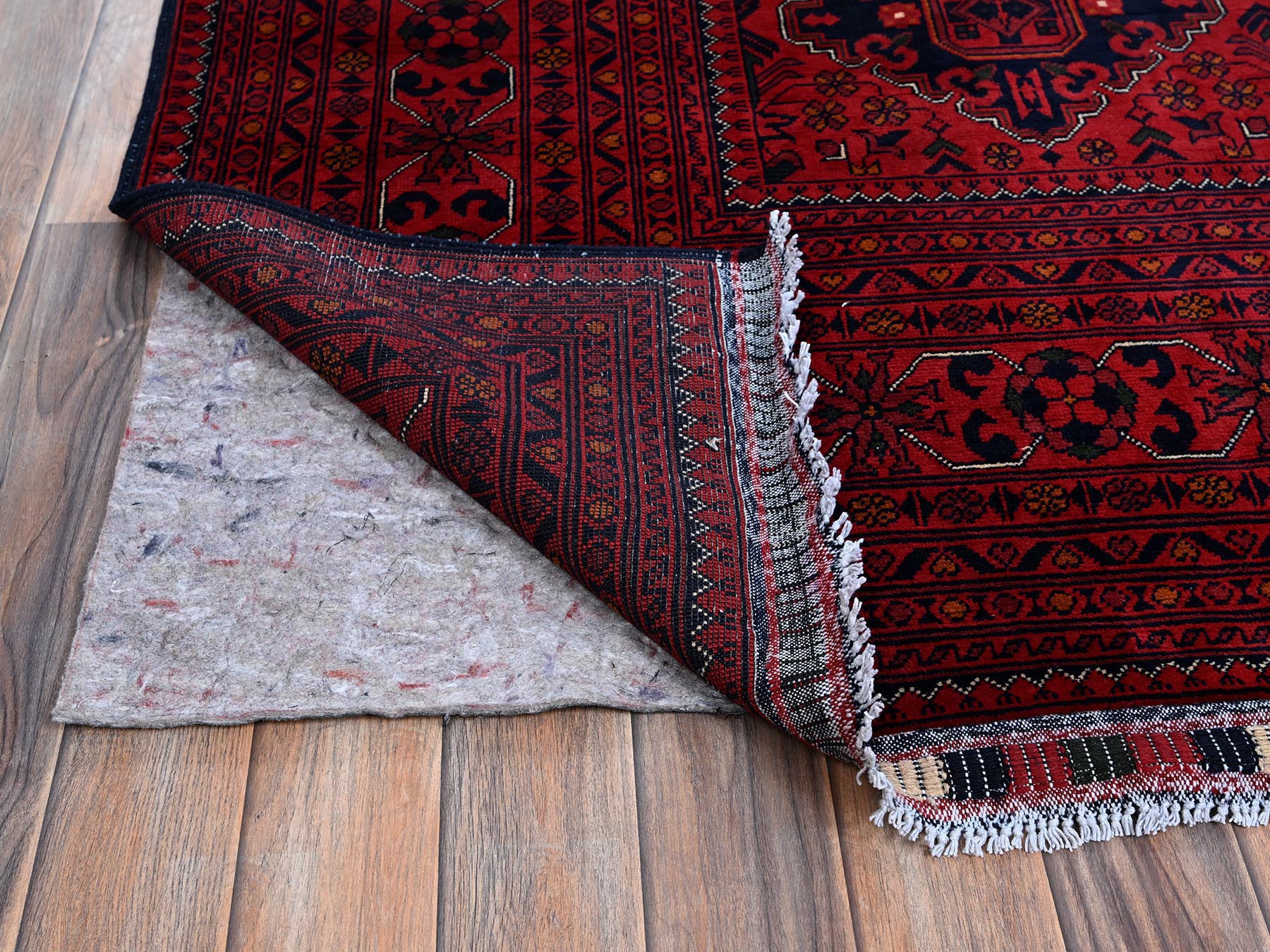 9'9"x12'8" Crimson Red, Afghan Khamyab with Geometric Pattern, Hand Knotted, Soft and Velvety Wool, Vegetable Dyes, Oriental Rug HR774 - Image 5