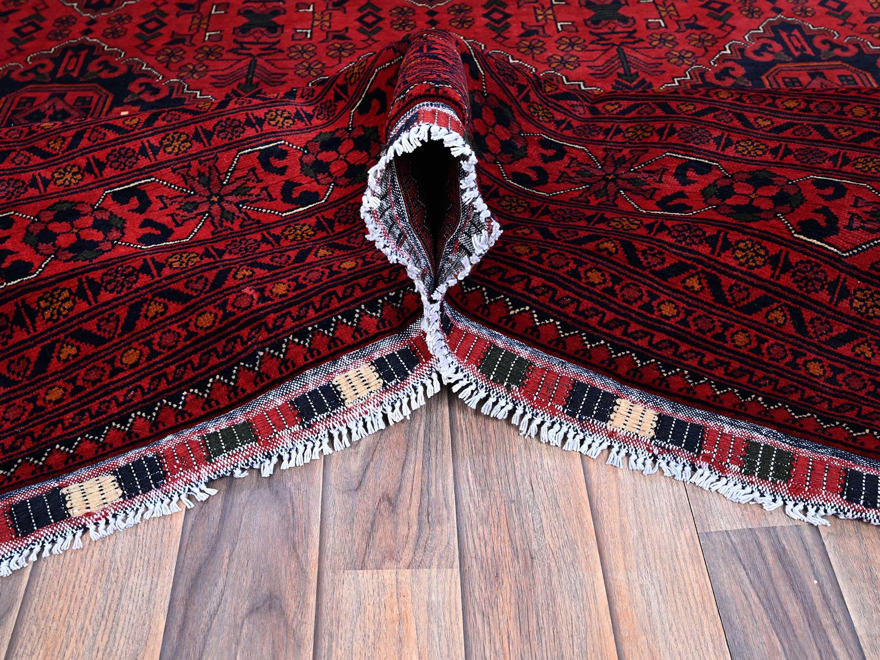 9'9"x12'8" Crimson Red, Afghan Khamyab with Geometric Pattern, Hand Knotted, Soft and Velvety Wool, Vegetable Dyes, Oriental Rug HR774 - Image 6