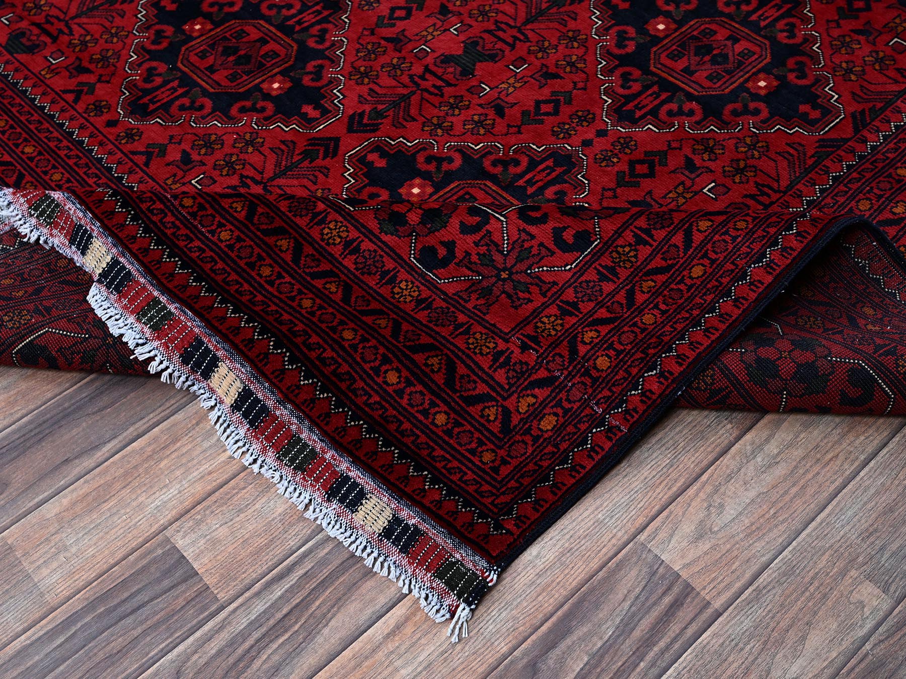 9'9"x12'8" Crimson Red, Afghan Khamyab with Geometric Pattern, Hand Knotted, Soft and Velvety Wool, Vegetable Dyes, Oriental Rug HR774 - Image 7