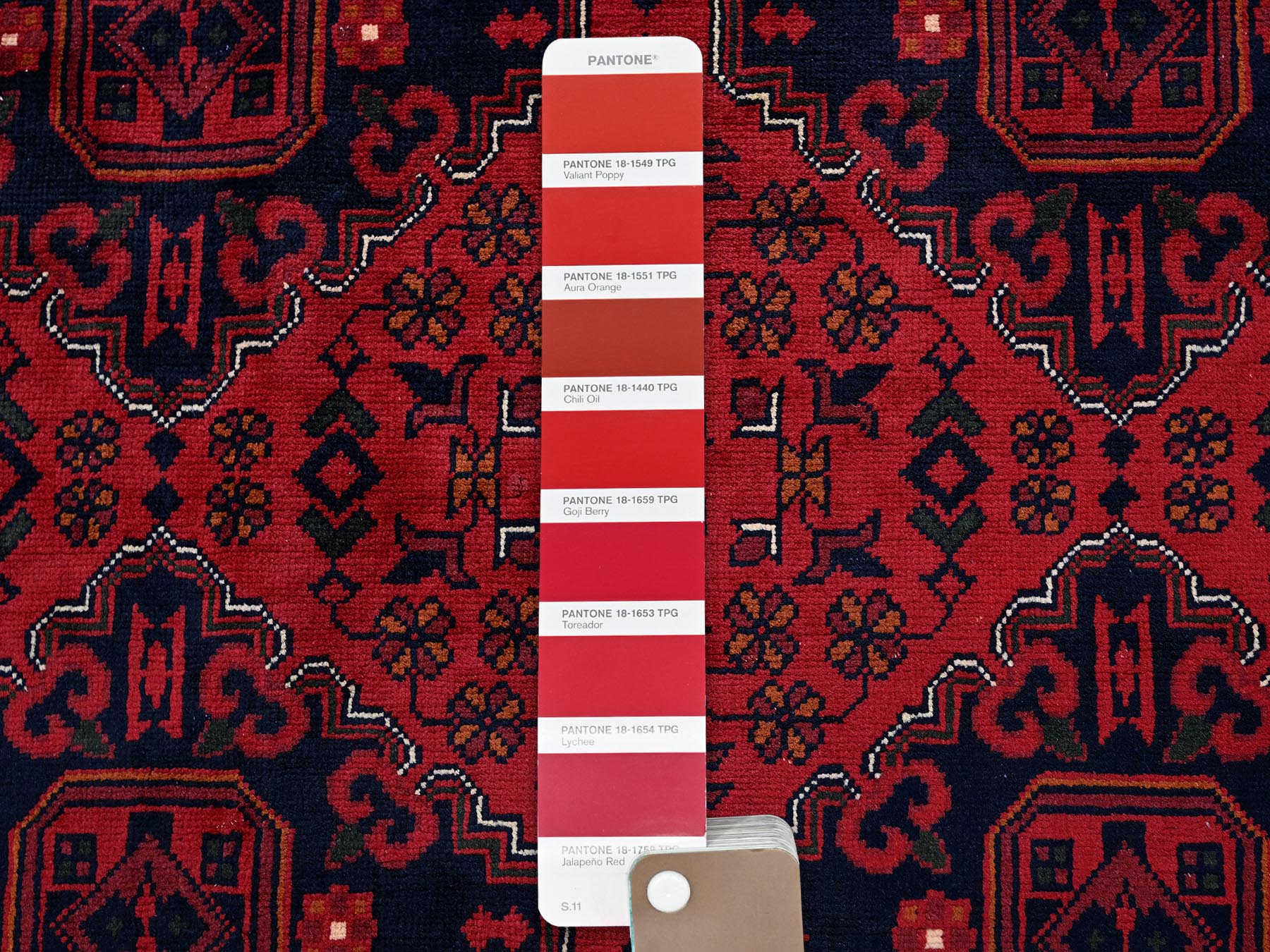 9'9"x12'8" Crimson Red, Afghan Khamyab with Geometric Pattern, Hand Knotted, Soft and Velvety Wool, Vegetable Dyes, Oriental Rug HR774 - Image 8