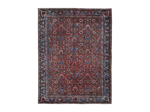 7'3"x9'7" Fire Brick Red, Antique Persian Heriz with Fish Mahi All Over Design, Full Pile, Hand Knotted, Mint Condition, Pure Wool, Clean, Oriental Rug HR87401