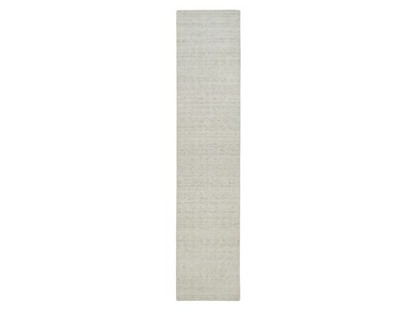 2'7"x12' Alabaster White, Salt and Pepper Effect with Vertical Stripes Design, Undyed Natural Wool, Hand Loomed, Runner, Oriental Rug HR91668