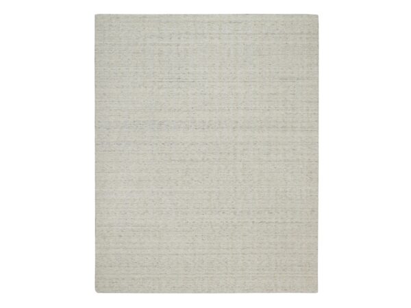 8'1"x10' Alabaster White, Hand Loomed, Vertical Stripes Design with Salt and Pepper Effect, Undyed Natural Wool, Oriental Rug HR91677