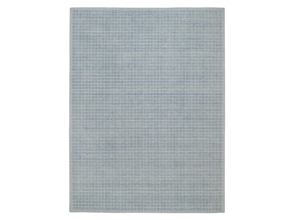 9'1"x12' Faded Denim Blue, Modern Plain Decor Box Design, Loomed Knotted, Pure Wool, Soft to the Touch, Oriental Rug HR91687