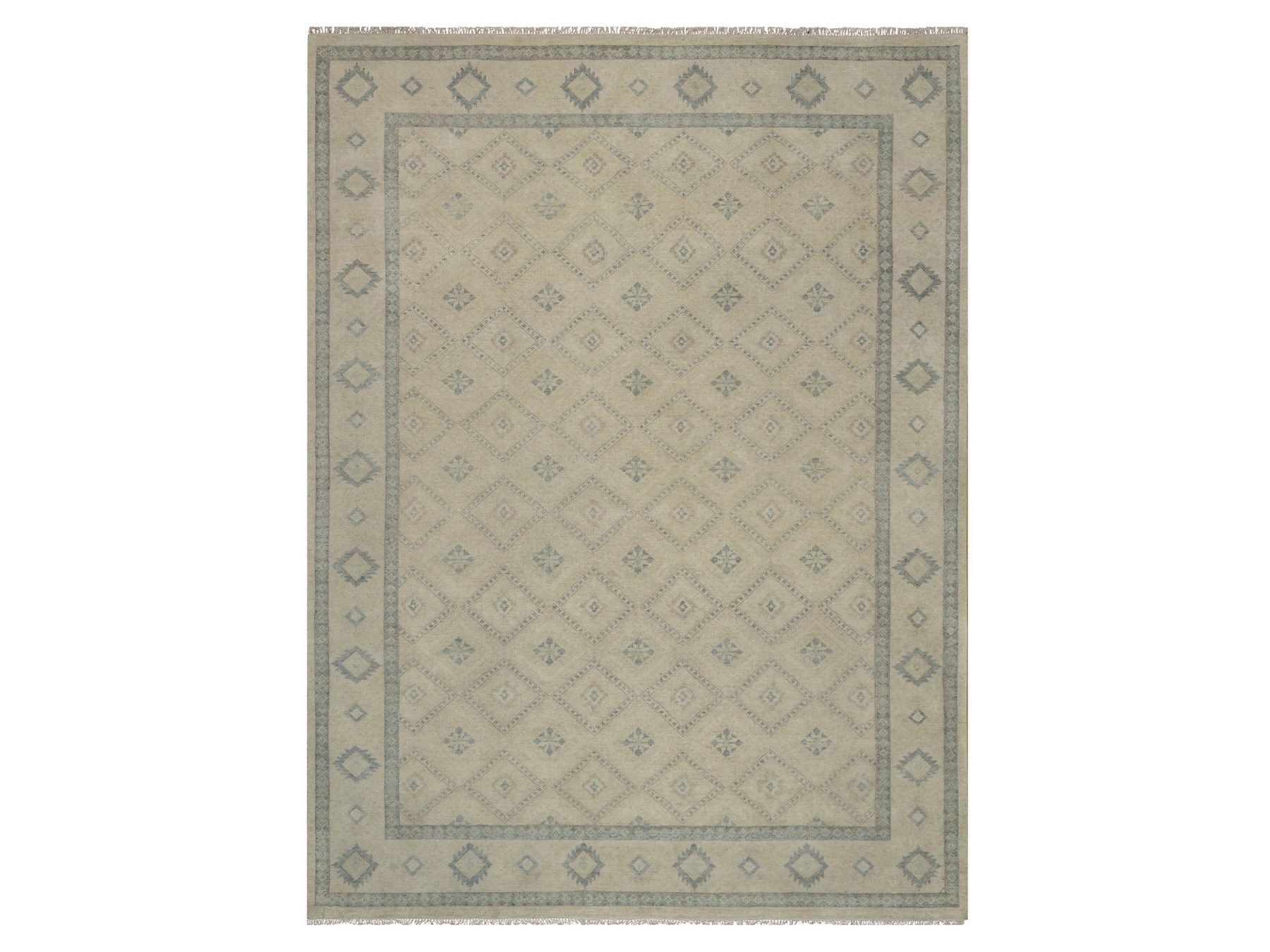 9'x12' Bone White, Zero Pile, Box Design with Repetitive Triangle Tribal Motifs, Hand Knotted, 100% Wool, Oriental Rug HR91720