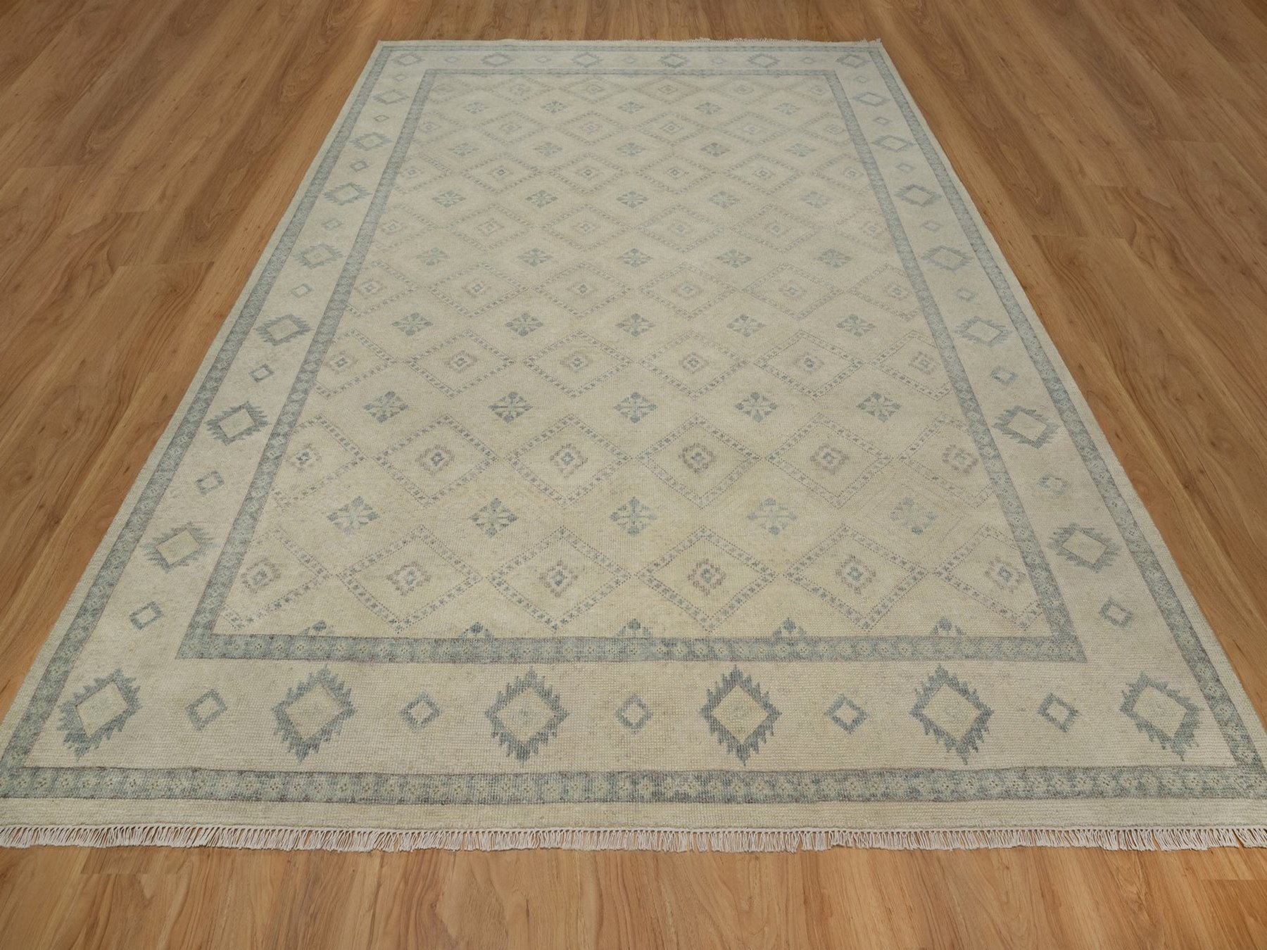 9'x12' Bone White, Zero Pile, Box Design with Repetitive Triangle Tribal Motifs, Hand Knotted, 100% Wool, Oriental Rug HR91720 - Image 2