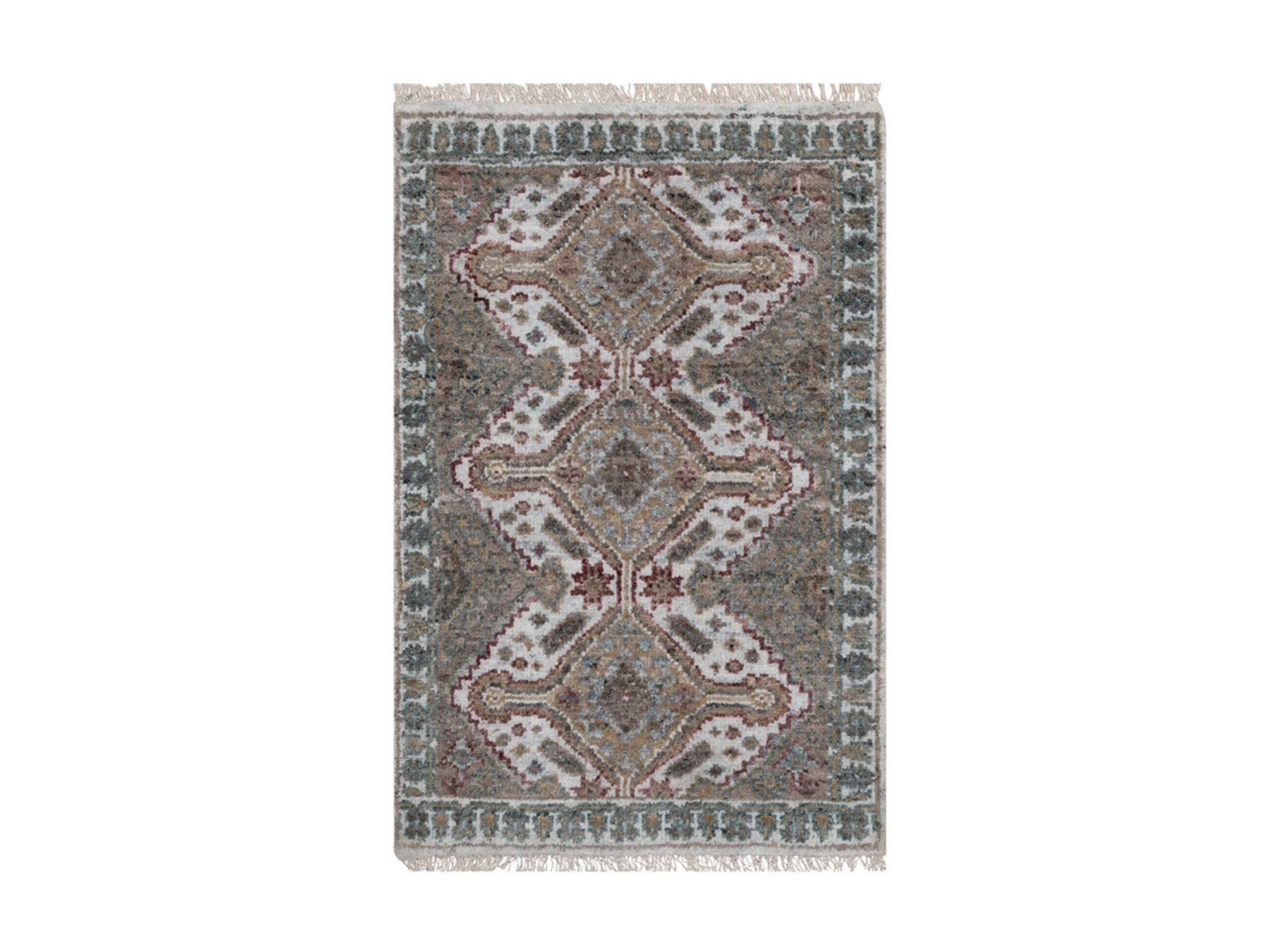 2'x3' Alabaster White, Unique Flower Rosettes Border Design, Shiraz Reimagined, Hand Knotted, Natural Wool, Thick and Plush, Mat, Sample, Oriental Rug HR91765
