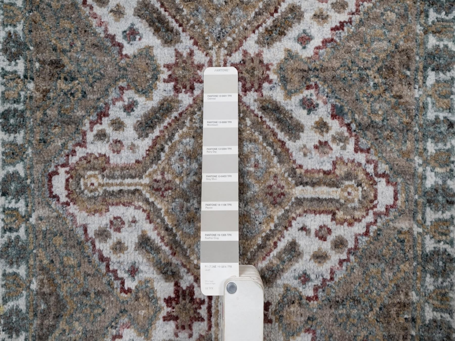 2'x3' Alabaster White, Unique Flower Rosettes Border Design, Shiraz Reimagined, Hand Knotted, Natural Wool, Thick and Plush, Mat, Sample, Oriental Rug HR91765 - Image 4