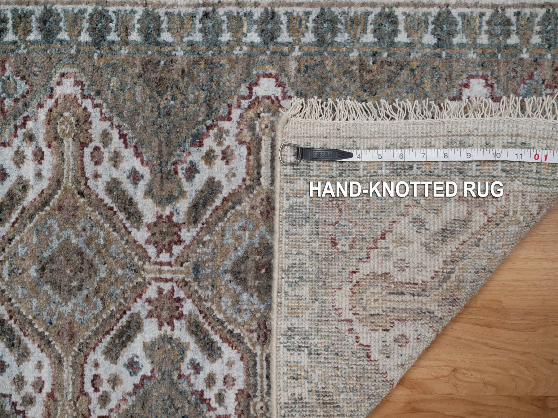 2'x3' Alabaster White, Unique Flower Rosettes Border Design, Shiraz Reimagined, Hand Knotted, Natural Wool, Thick and Plush, Mat, Sample, Oriental Rug HR91765 - Image 8