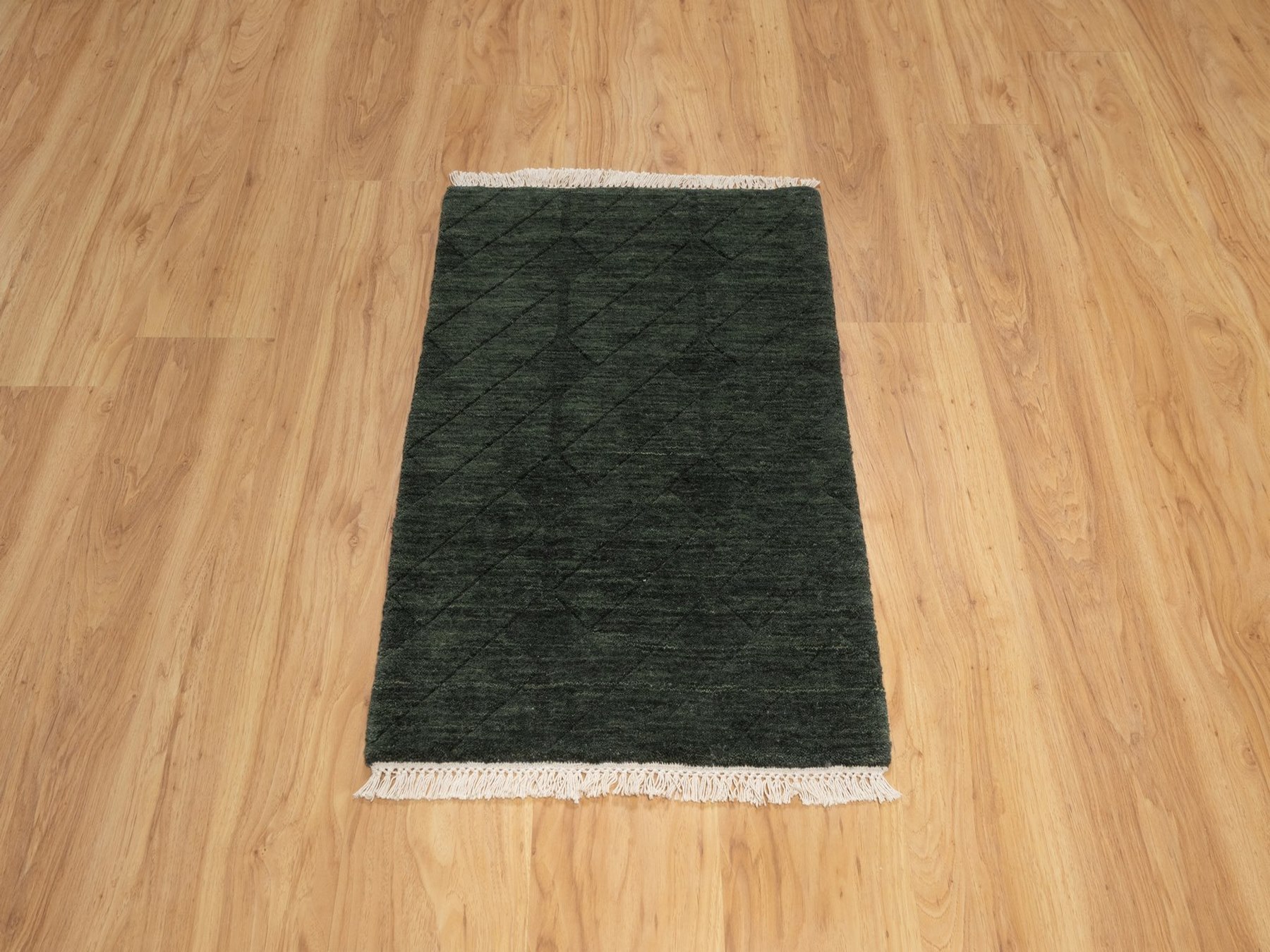 2'x2'9" Seaweed Green, Stripes Design, Hand Loomed, Pure Wool, Sample, Mat, Oriental Rug HR91780 - Image 2