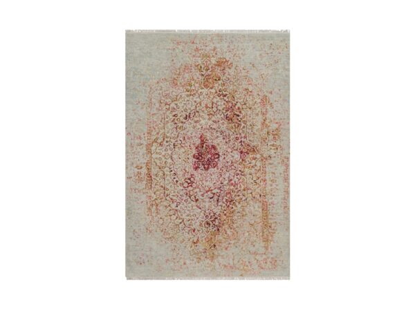 6'1"x9'1" Bone White, Persian Erased Medallion Design, Hand Knotted, Wool and Pure Silk, Oriental Rug HR91783