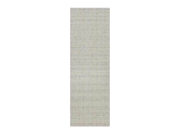 2'7"x8' Whisper White, Hand Loomed, Undyed Natural Wool, Vertical Stripes Design with Salt and Pepper Effect, Runner, Oriental Rug HR91792