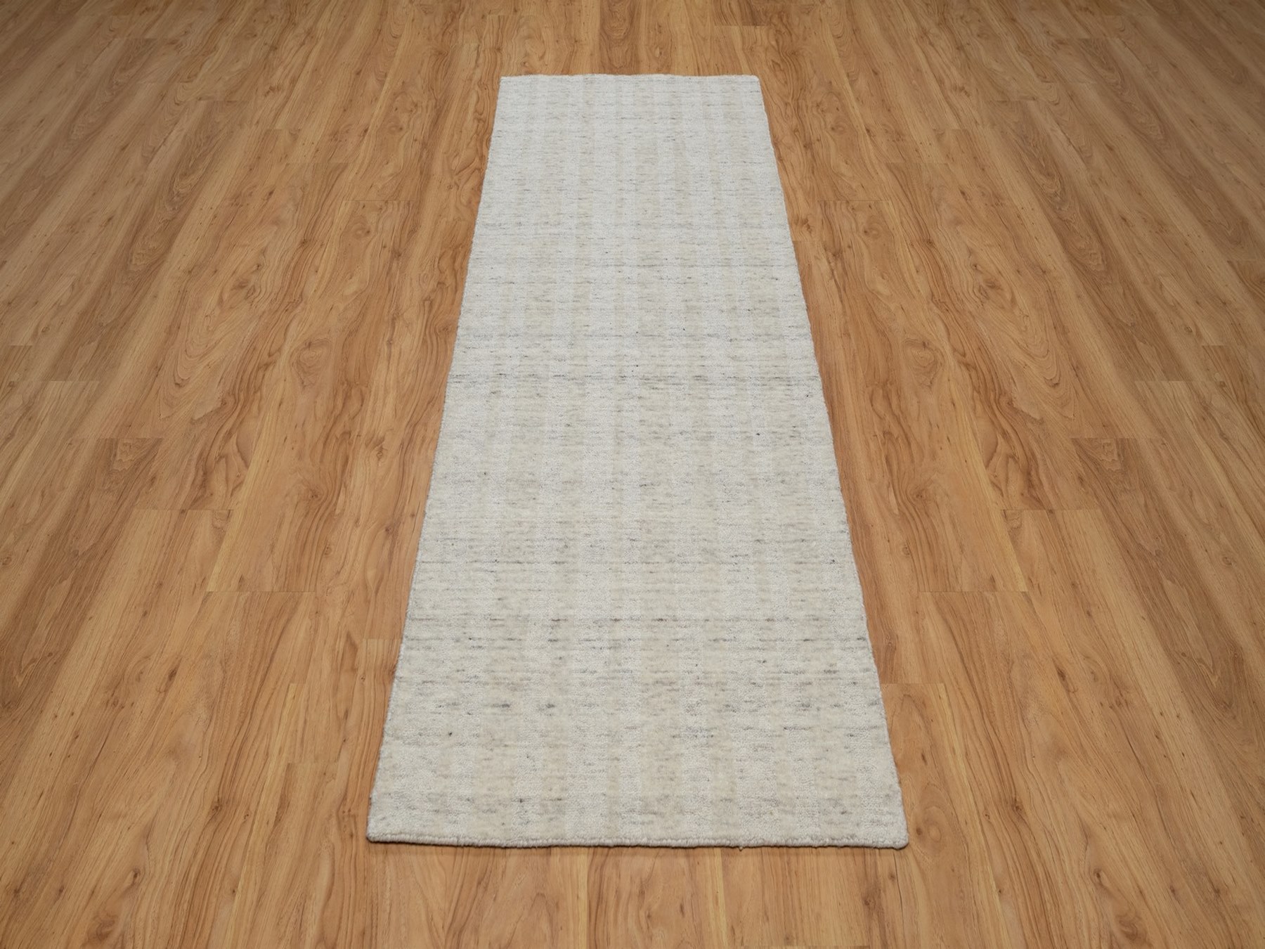 2'7"x8' Whisper White, Hand Loomed, Undyed Natural Wool, Vertical Stripes Design with Salt and Pepper Effect, Runner, Oriental Rug HR91792 - Image 2