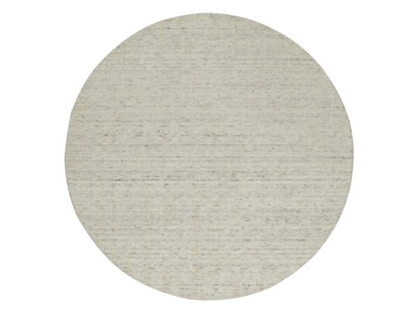 5'x5' Alabaster White, Hand Loomed, Vertical Stripes Design with Salt and Pepper Effect, Undyed Natural Wool, Round, Oriental Rug HR91793