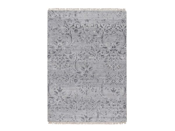 4'x5'10" Cloud Gray, Damask Design, Hand Knotted, Wool and Plant Based Silk, Tone on Tone, Oriental Rug HR91799
