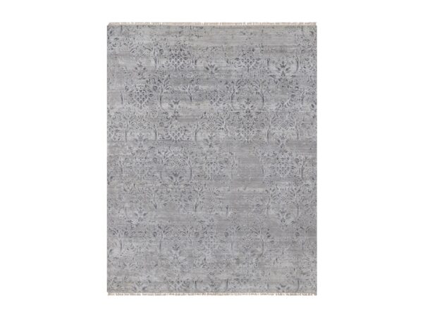 7'10"x10' Light Gray, Hand Knotted, Damask Design, Tone on Tone, Wool and Plant Based Silk, Oriental Rug HR91801