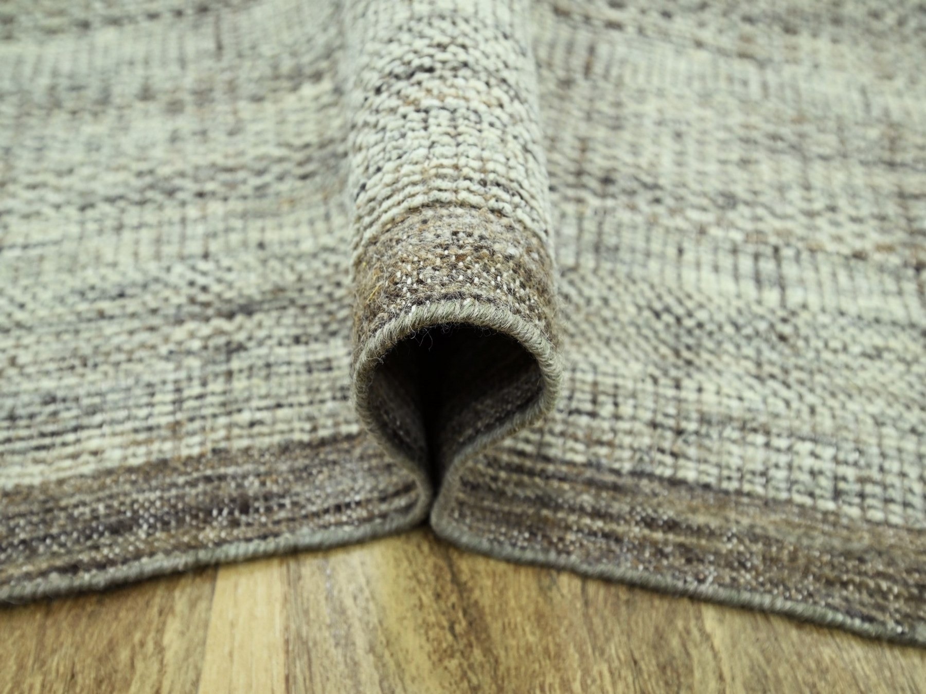 12'1"x15' Carob Brown and Ivory, Distressed and Oxidized Grass Design with Exposed Warps, 100% Wool, Hand Knotted, XL, Oversized, Oriental Rug HR76693 - Image 8