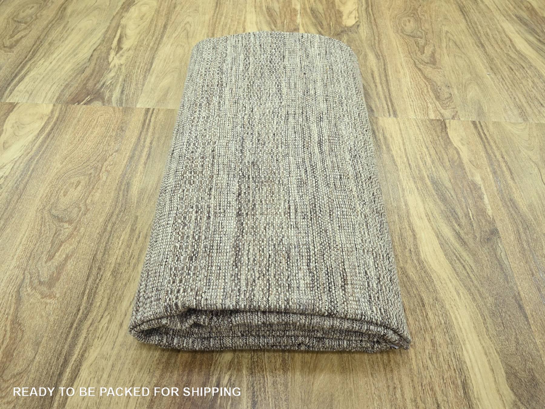 12'1"x15' Carob Brown and Ivory, Distressed and Oxidized Grass Design with Exposed Warps, 100% Wool, Hand Knotted, XL, Oversized, Oriental Rug HR76693 - Image 4