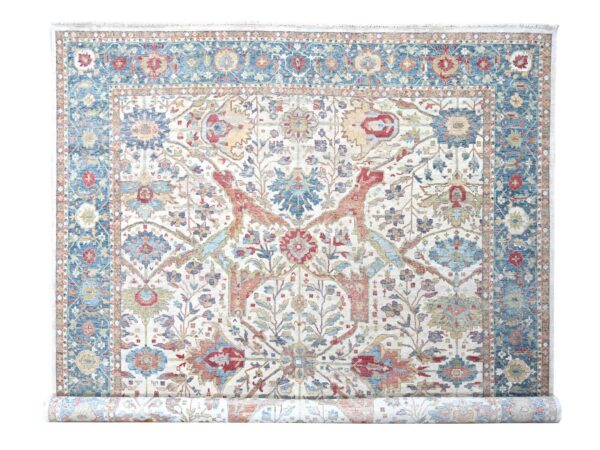 12'x15' Pearl White, 100% Wool, Hand Knotted, Antiqued Persian with Ziegler Mahal Design, Distressed, Oxidized, Zero Pile, Shaved Low, Oversized, Oriental Rug HR10222
