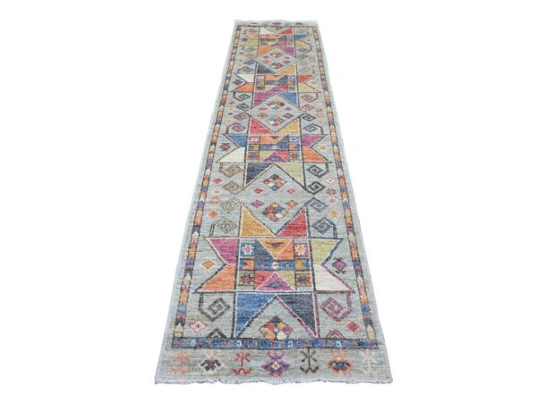 2'10"x11'8" Spanish Gray, Hand Knotted, Anatolian Village Inspired Design, Geometric Medallions, Pure Wool, Vegetable Dyes, Runner, Oriental Rug HR21079