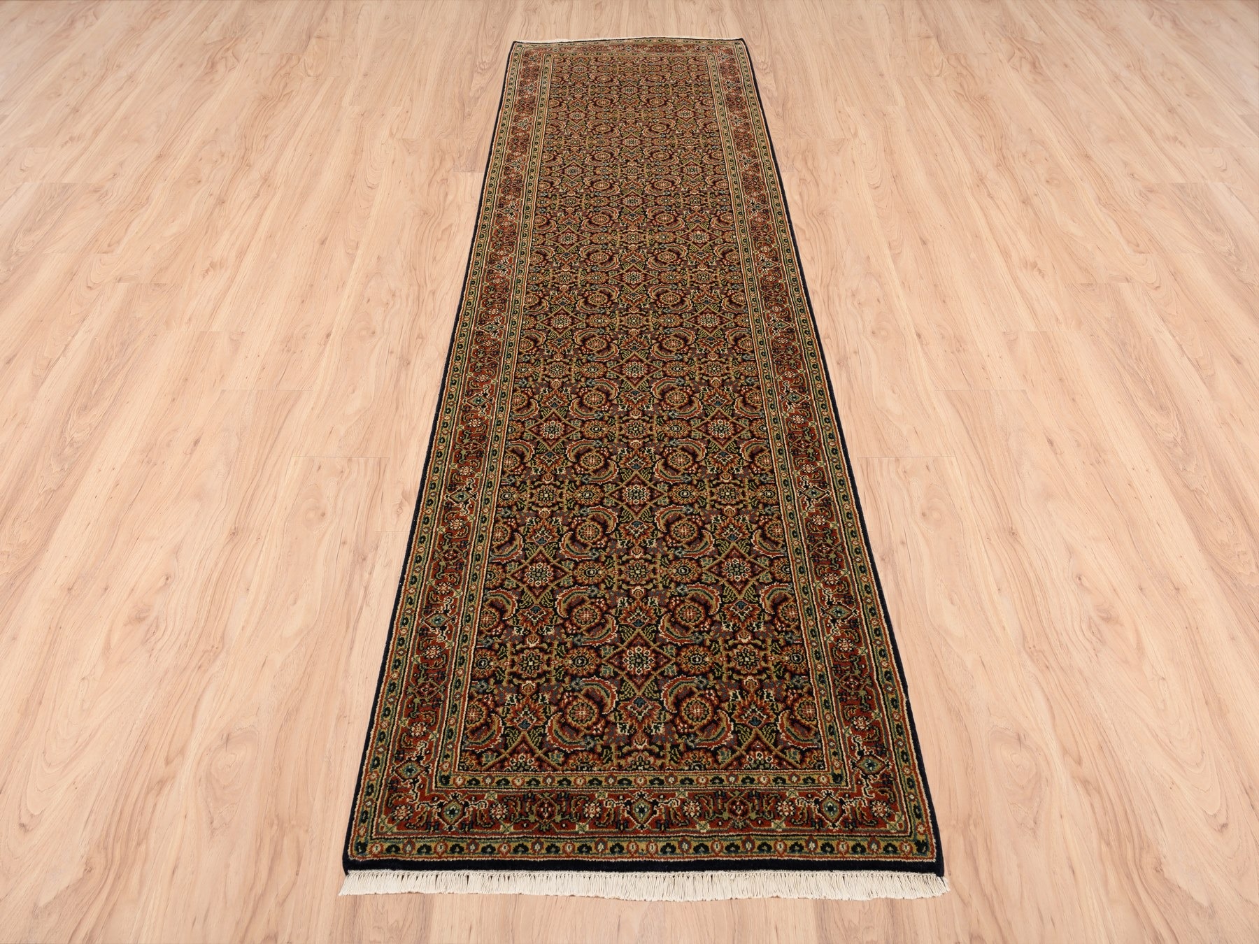 2'8"x9'9" Pitch Black Wool Herati All Over Fish Design 250 KPSI Hand Knotted Dense Weave Oriental Runner Rug HR63011 - Image 2