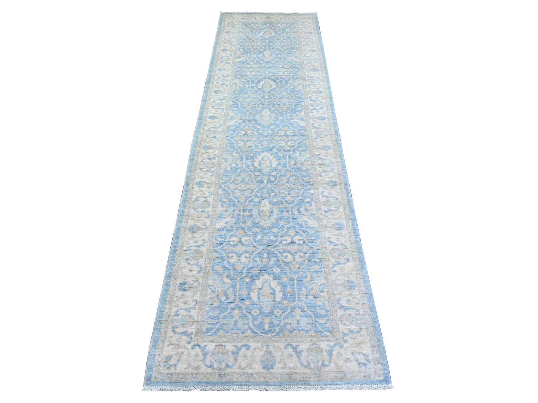 2'7"x9'8" Beau Blue, Natural Dyes Finer Peshawar with Soft Colors, 100% Wool Hand Knotted, Runner Oriental Rug HR73688
