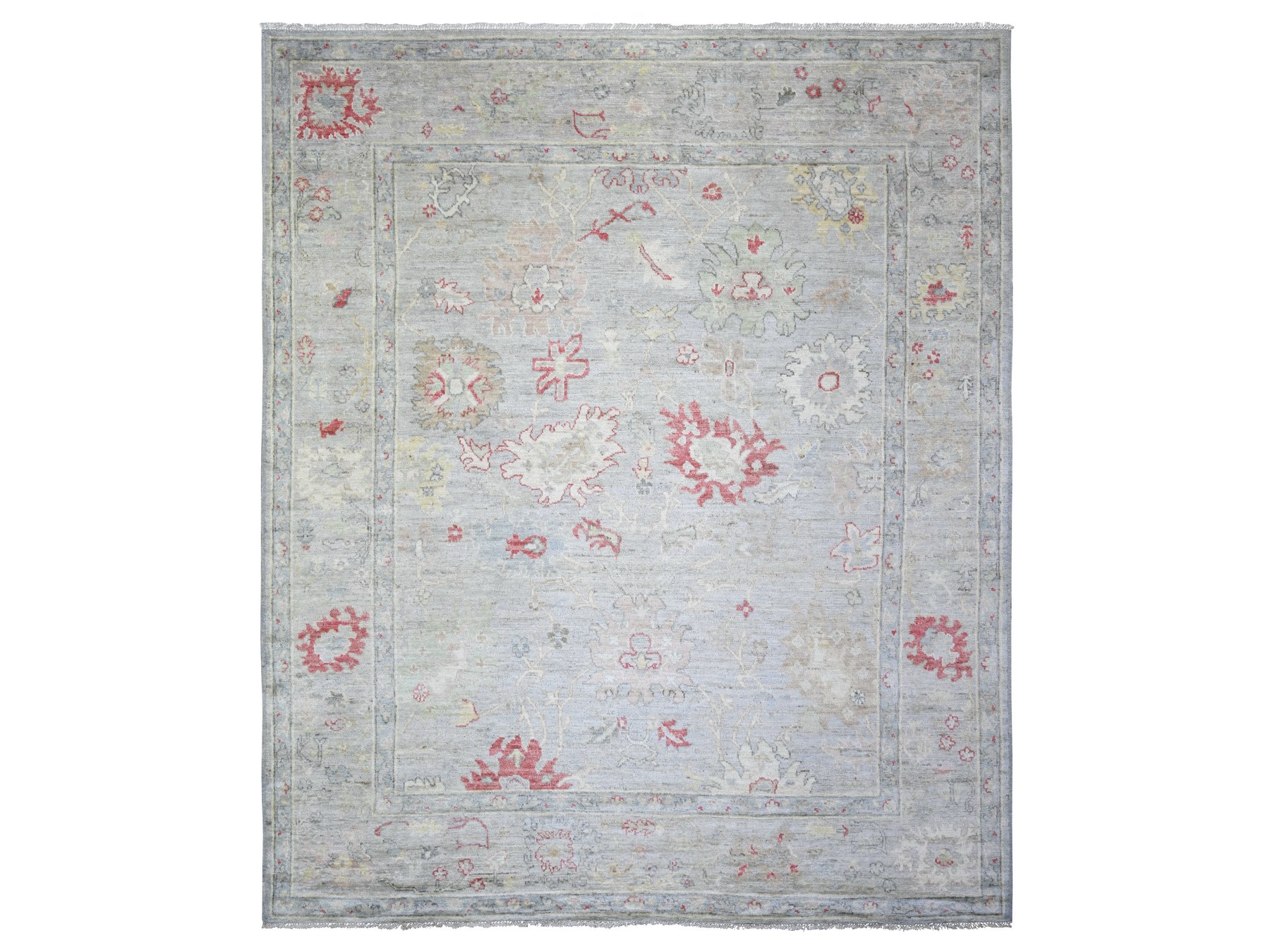 8'3"x9'8" Silver Gray, Natural Dyes Afghan Angora Oushak with Soft Colors, Extra Soft Wool Hand Knotted, Oriental Rug HR73799