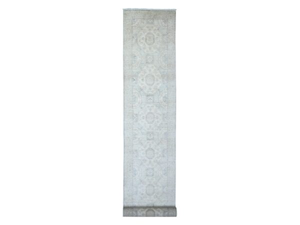 2'9"x18'6" Light Gray, White Wash Peshawar Large Medallions Design, Natural Dyes, Pure Wool, Hand Knotted, XL Oriental Rug HR74305